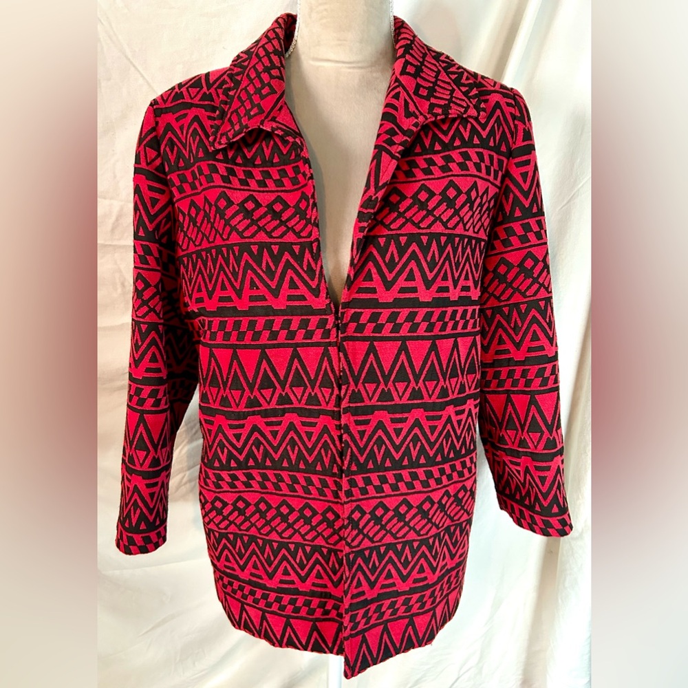 Alfred Dunner Red, Black Geometric Bracelet Sleeve Woven Jacket, UK Size 20